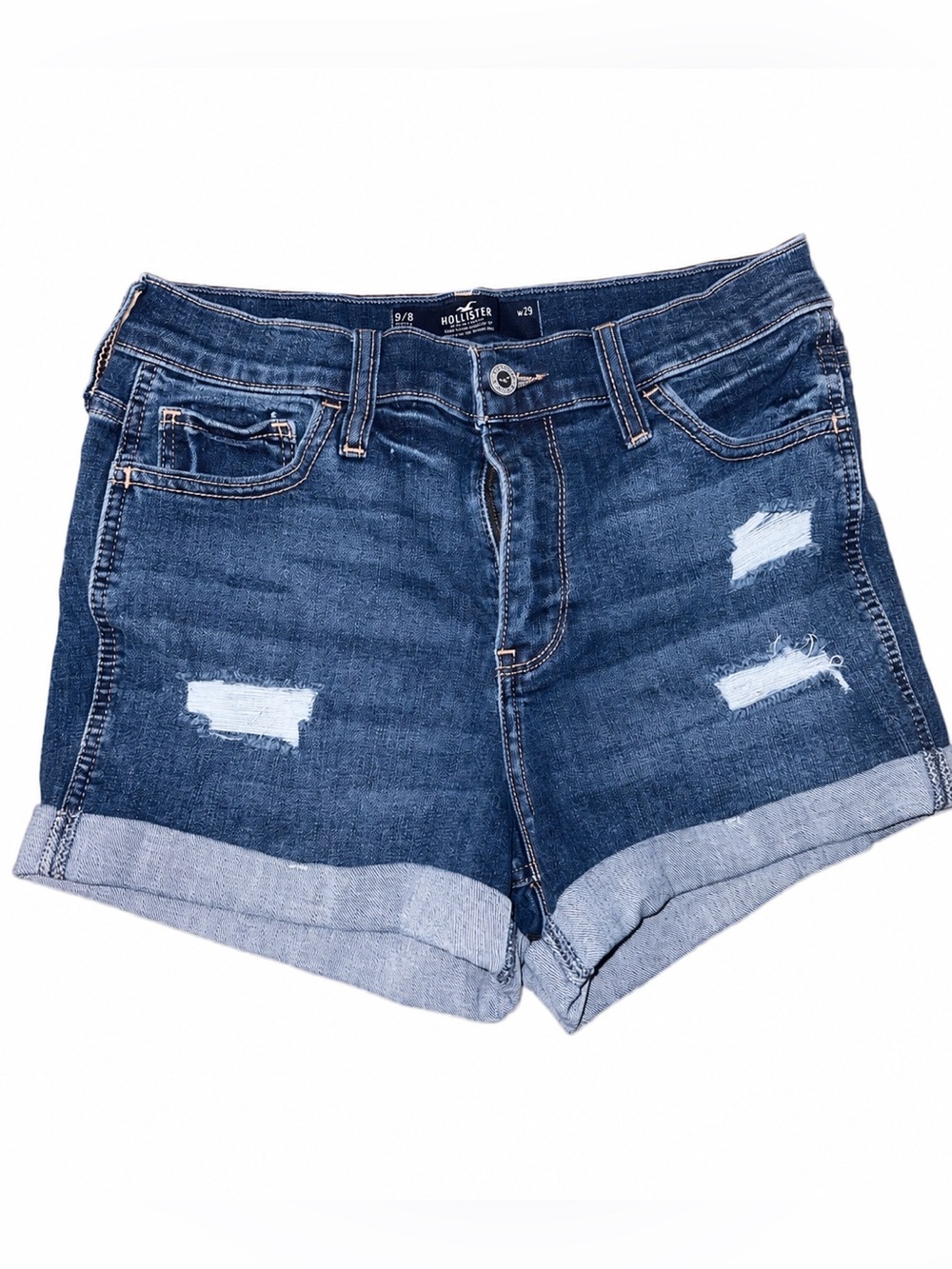 SOLD) Hollister Women's Dark Indigo Distressed Rolled-Hem Jean Shorts
